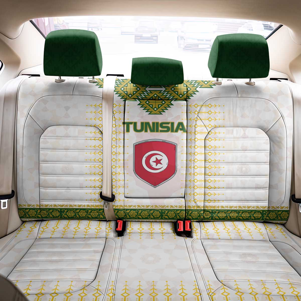 Tunisia Flag Traditional Tribal Pattern Green and White Pullover Back Car Seat Cover with National Crest and Emblem