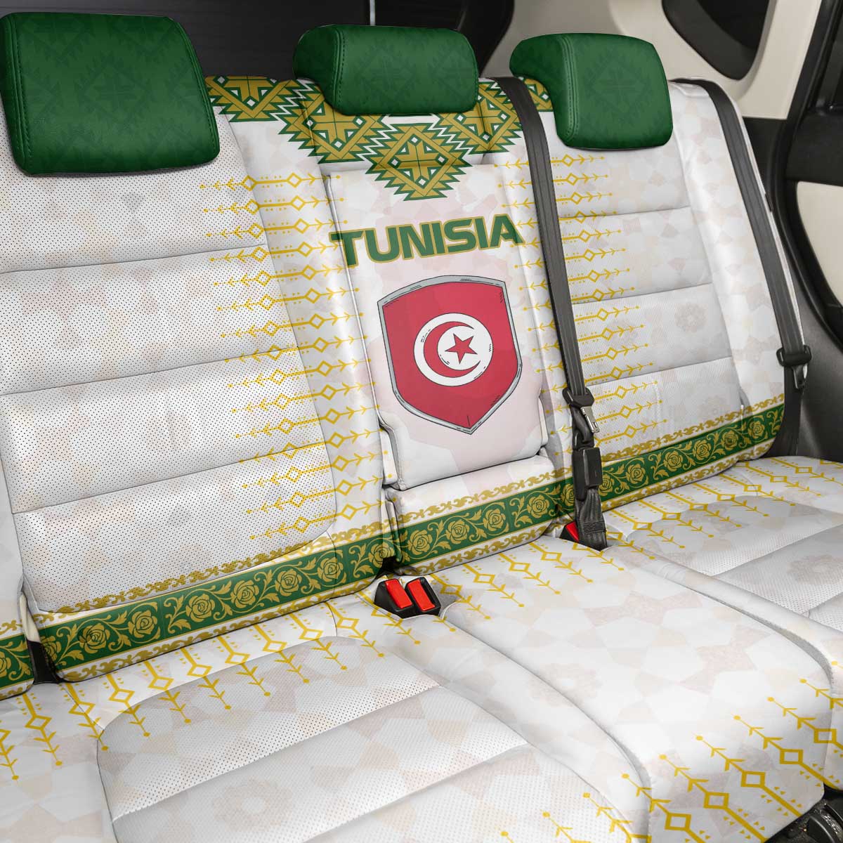 Tunisia Flag Traditional Tribal Pattern Green and White Pullover Back Car Seat Cover with National Crest and Emblem