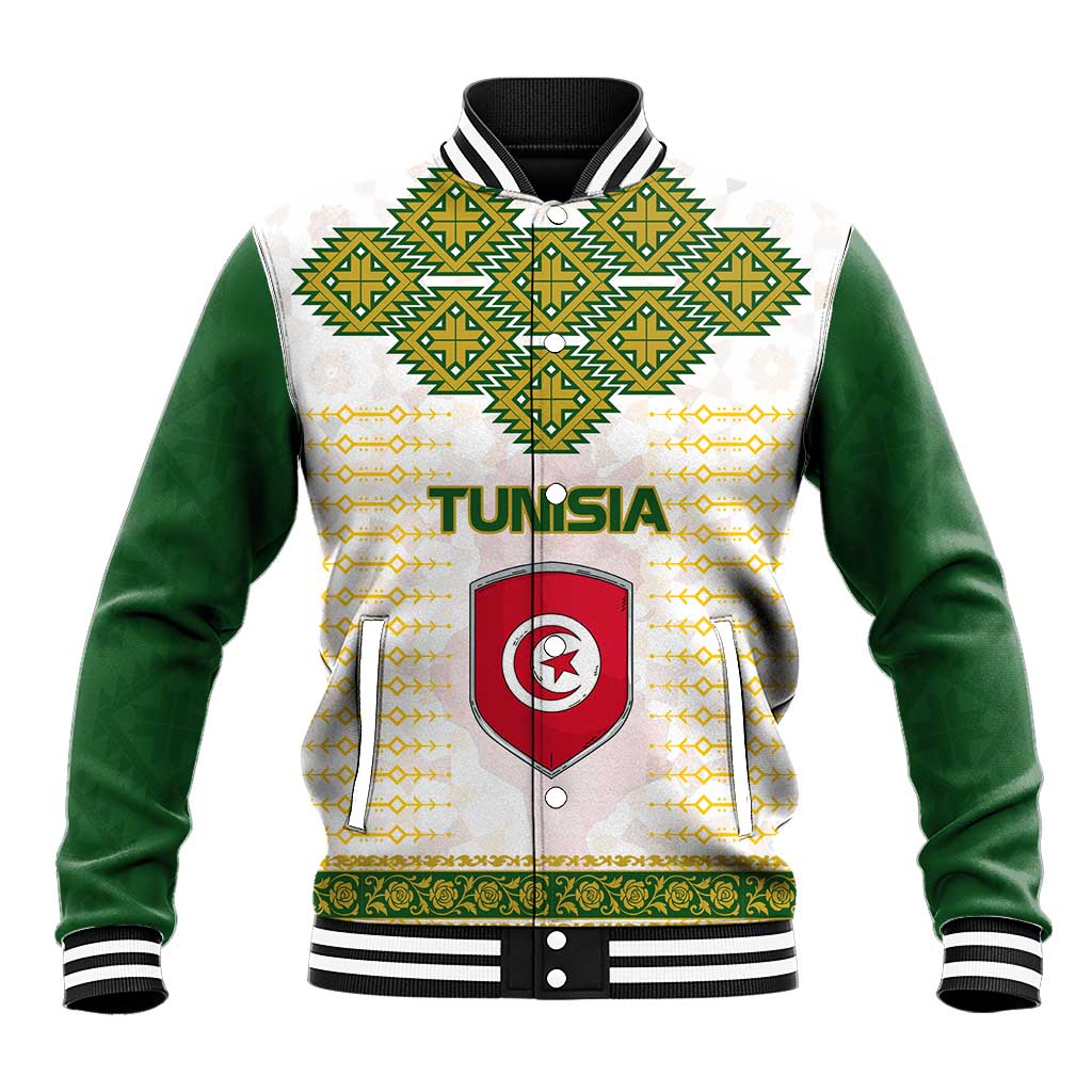 Tunisia Flag Traditional Tribal Pattern Green and White Pullover Baseball Jacket with National Crest and Emblem