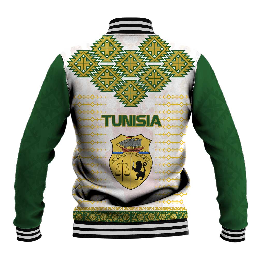 Tunisia Flag Traditional Tribal Pattern Green and White Pullover Baseball Jacket with National Crest and Emblem