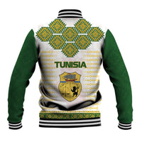 Tunisia Flag Traditional Tribal Pattern Green and White Pullover Baseball Jacket with National Crest and Emblem