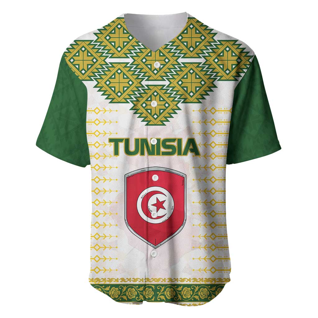Tunisia Flag Traditional Tribal Pattern Green and White Pullover Baseball Jersey with National Crest and Emblem