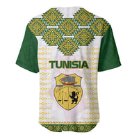 Tunisia Flag Traditional Tribal Pattern Green and White Pullover Baseball Jersey with National Crest and Emblem