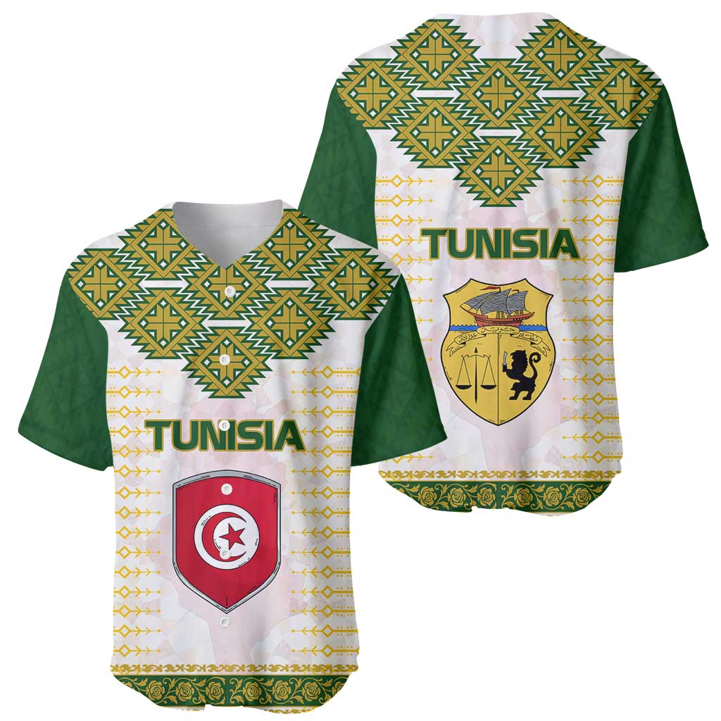 Tunisia Flag Traditional Tribal Pattern Green and White Pullover Baseball Jersey with National Crest and Emblem