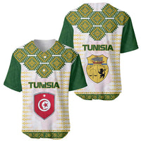 Tunisia Flag Traditional Tribal Pattern Green and White Pullover Baseball Jersey with National Crest and Emblem