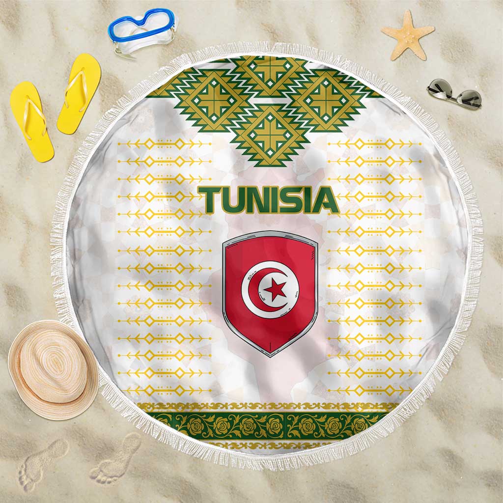 Tunisia Flag Traditional Tribal Pattern Green and White Pullover Beach Blanket with National Crest and Emblem