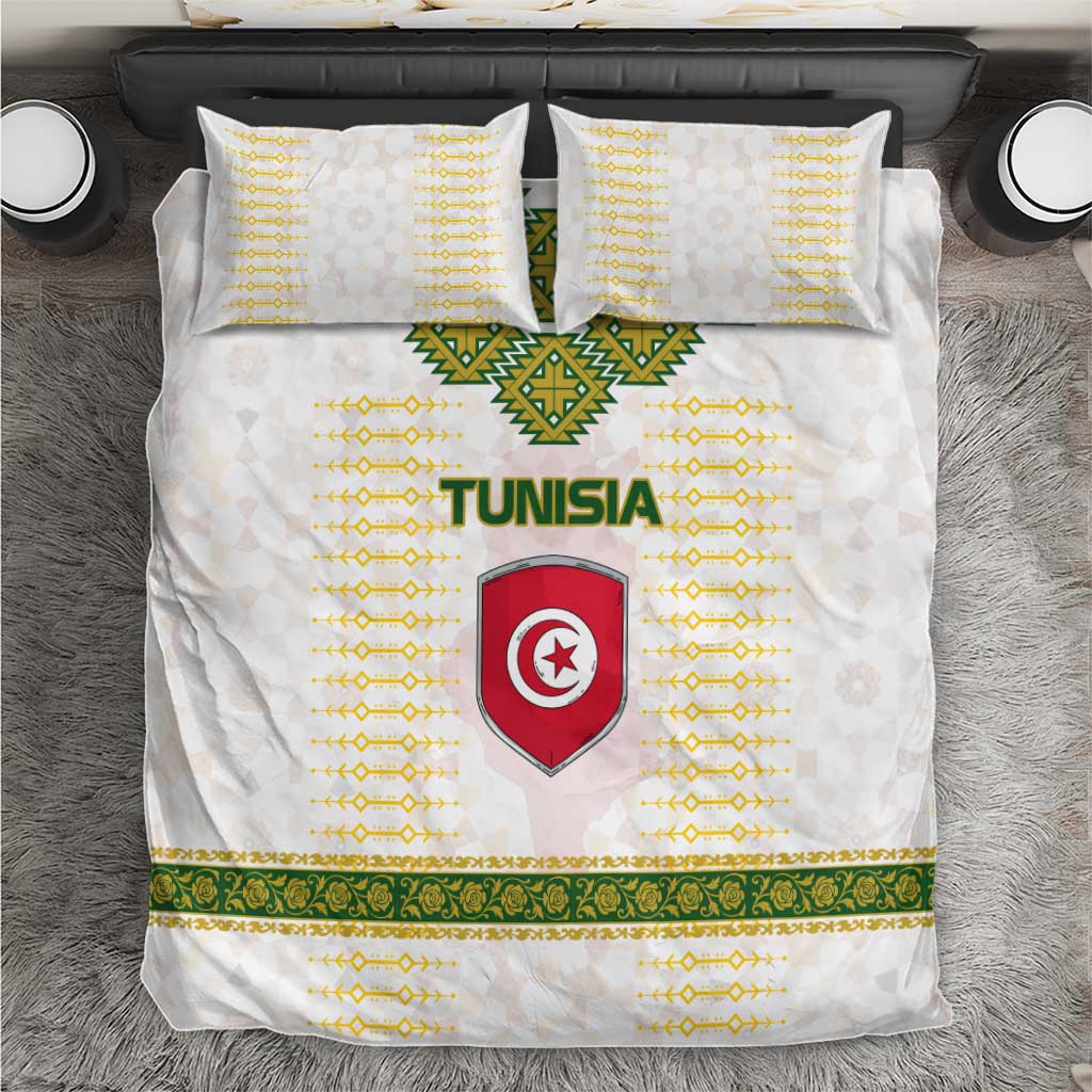 Tunisia Flag Traditional Tribal Pattern Green and White Pullover Bedding Set with National Crest and Emblem