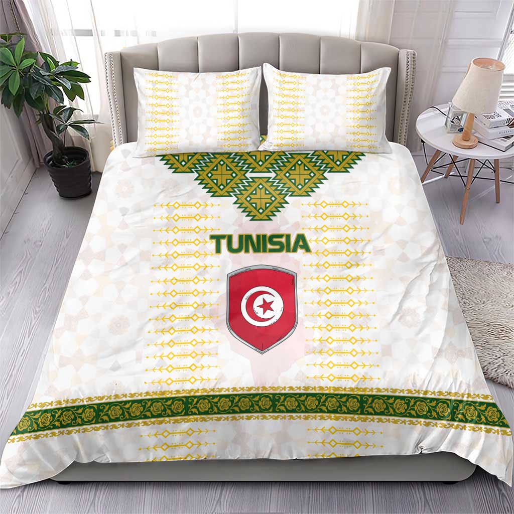Tunisia Flag Traditional Tribal Pattern Green and White Pullover Bedding Set with National Crest and Emblem
