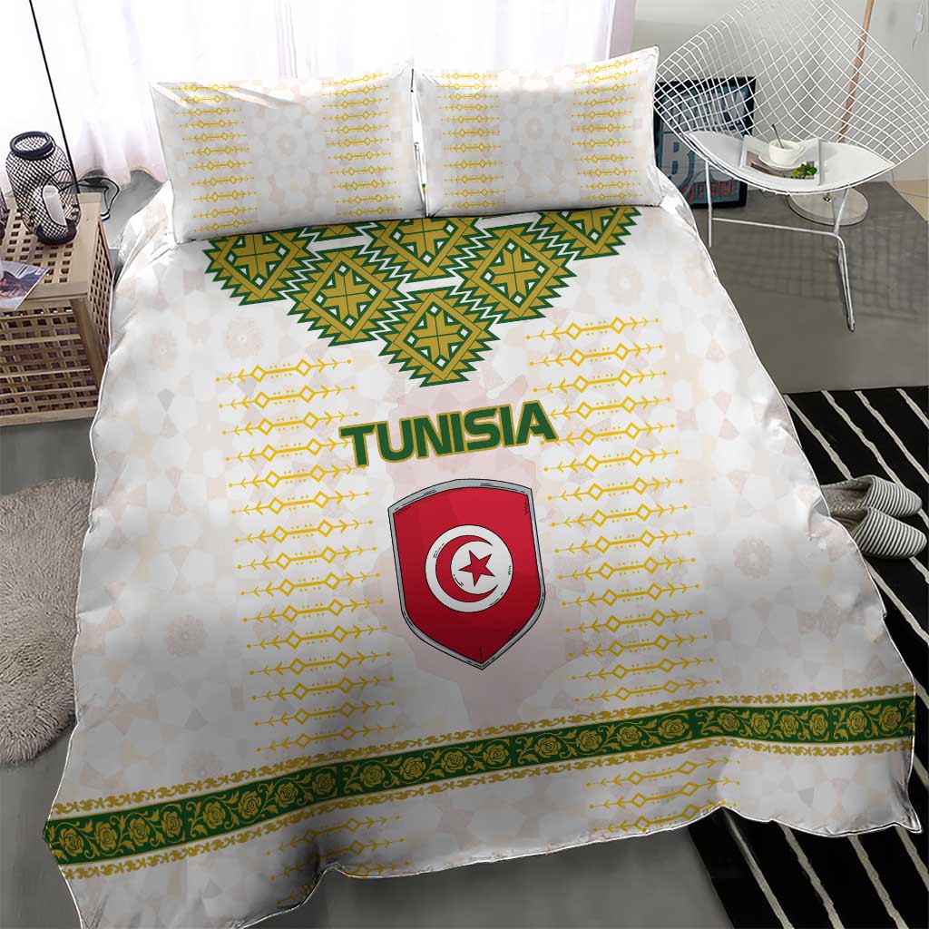 Tunisia Flag Traditional Tribal Pattern Green and White Pullover Bedding Set with National Crest and Emblem