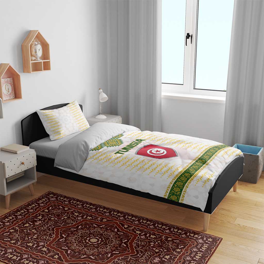 Tunisia Flag Traditional Tribal Pattern Green and White Pullover Bedding Set with National Crest and Emblem