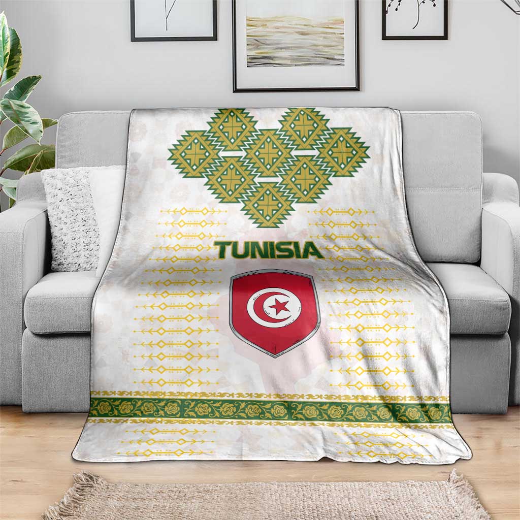 Tunisia Flag Traditional Tribal Pattern Green and White Pullover Blanket with National Crest and Emblem
