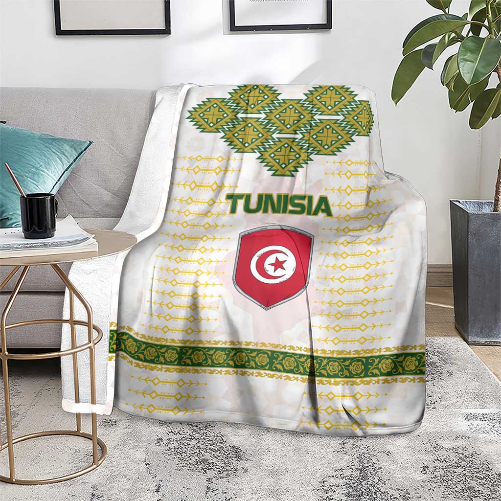 Tunisia Flag Traditional Tribal Pattern Green and White Pullover Blanket with National Crest and Emblem
