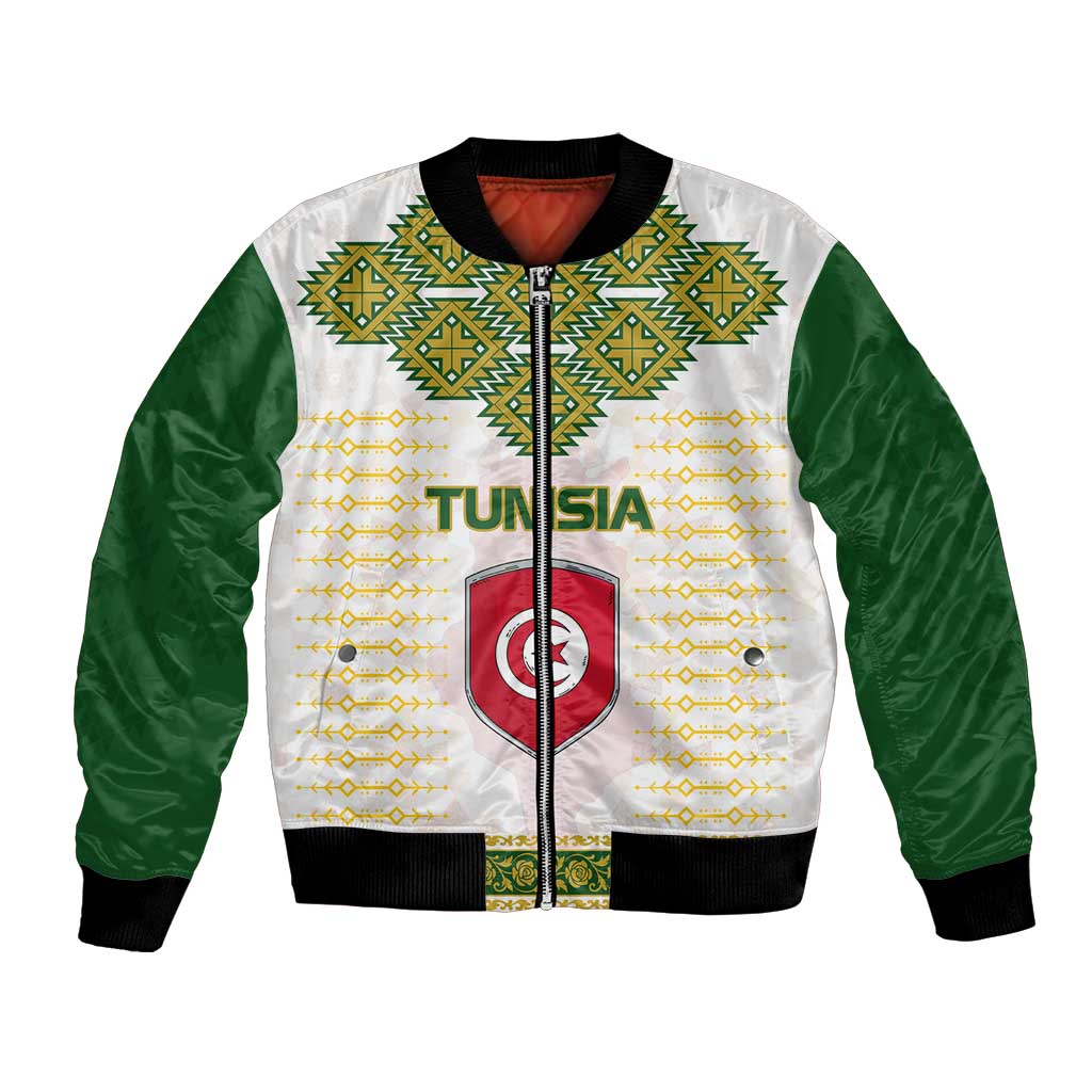 Tunisia Flag Traditional Tribal Pattern Green and White Pullover Bomber Jacket with National Crest and Emblem