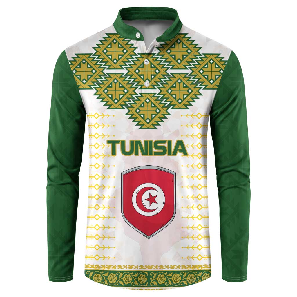 Tunisia Flag Traditional Tribal Pattern Green and White Pullover Button Sweatshirt with National Crest and Emblem