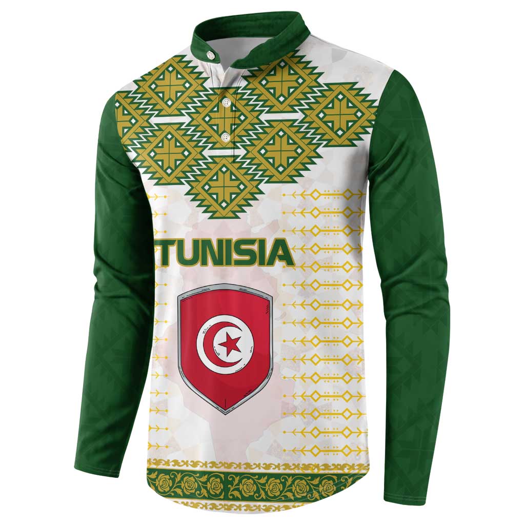 Tunisia Flag Traditional Tribal Pattern Green and White Pullover Button Sweatshirt with National Crest and Emblem