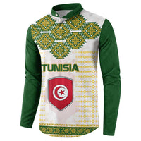 Tunisia Flag Traditional Tribal Pattern Green and White Pullover Button Sweatshirt with National Crest and Emblem