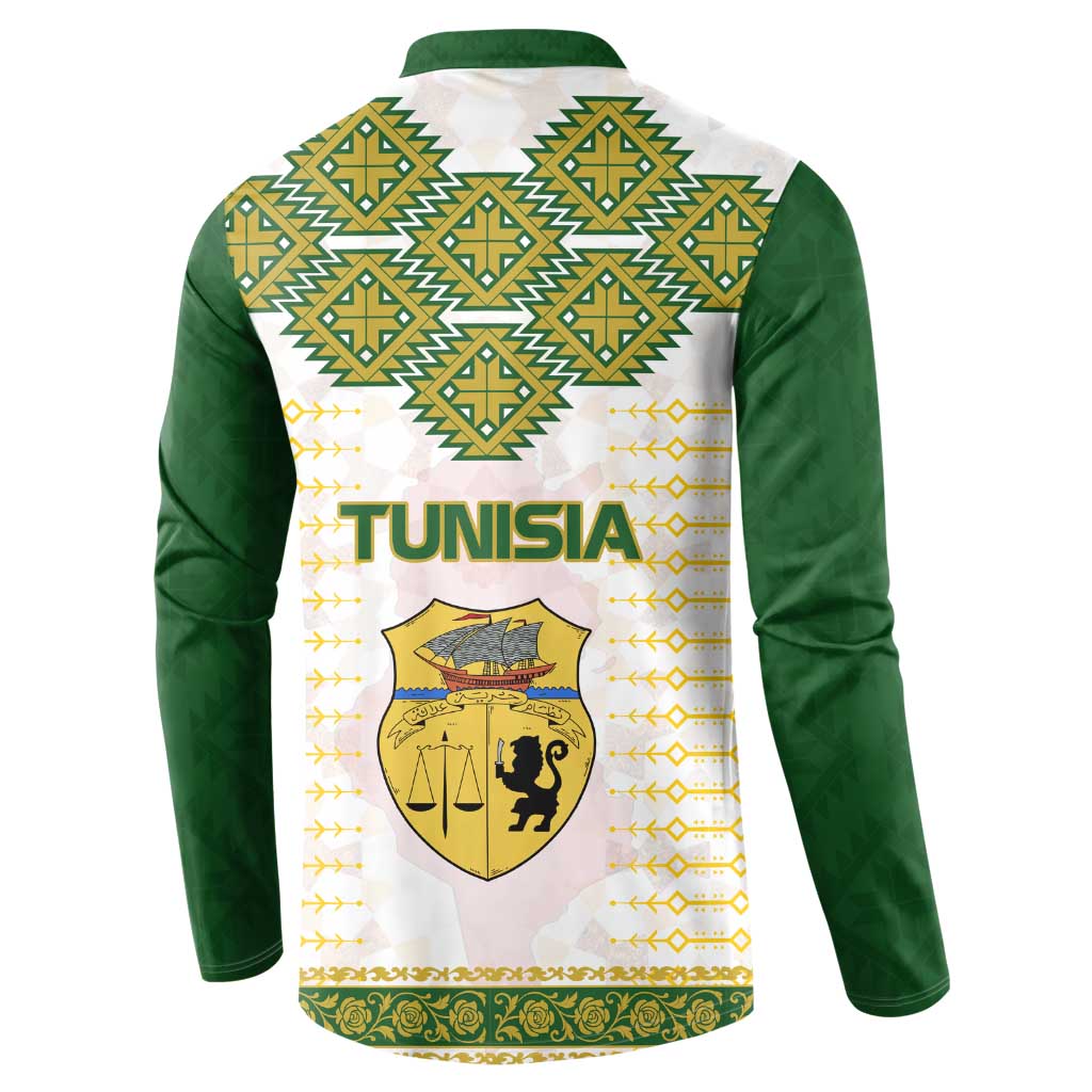 Tunisia Flag Traditional Tribal Pattern Green and White Pullover Button Sweatshirt with National Crest and Emblem
