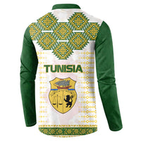 Tunisia Flag Traditional Tribal Pattern Green and White Pullover Button Sweatshirt with National Crest and Emblem