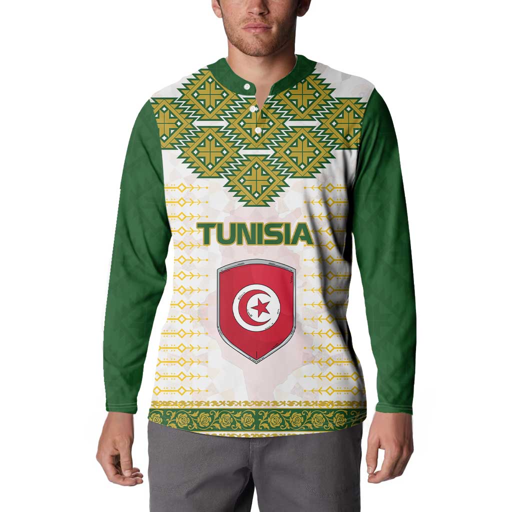 Tunisia Flag Traditional Tribal Pattern Green and White Pullover Button Sweatshirt with National Crest and Emblem
