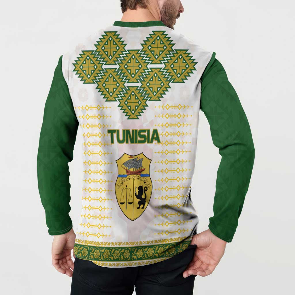 Tunisia Flag Traditional Tribal Pattern Green and White Pullover Button Sweatshirt with National Crest and Emblem