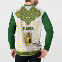 Tunisia Flag Traditional Tribal Pattern Green and White Pullover Button Sweatshirt with National Crest and Emblem