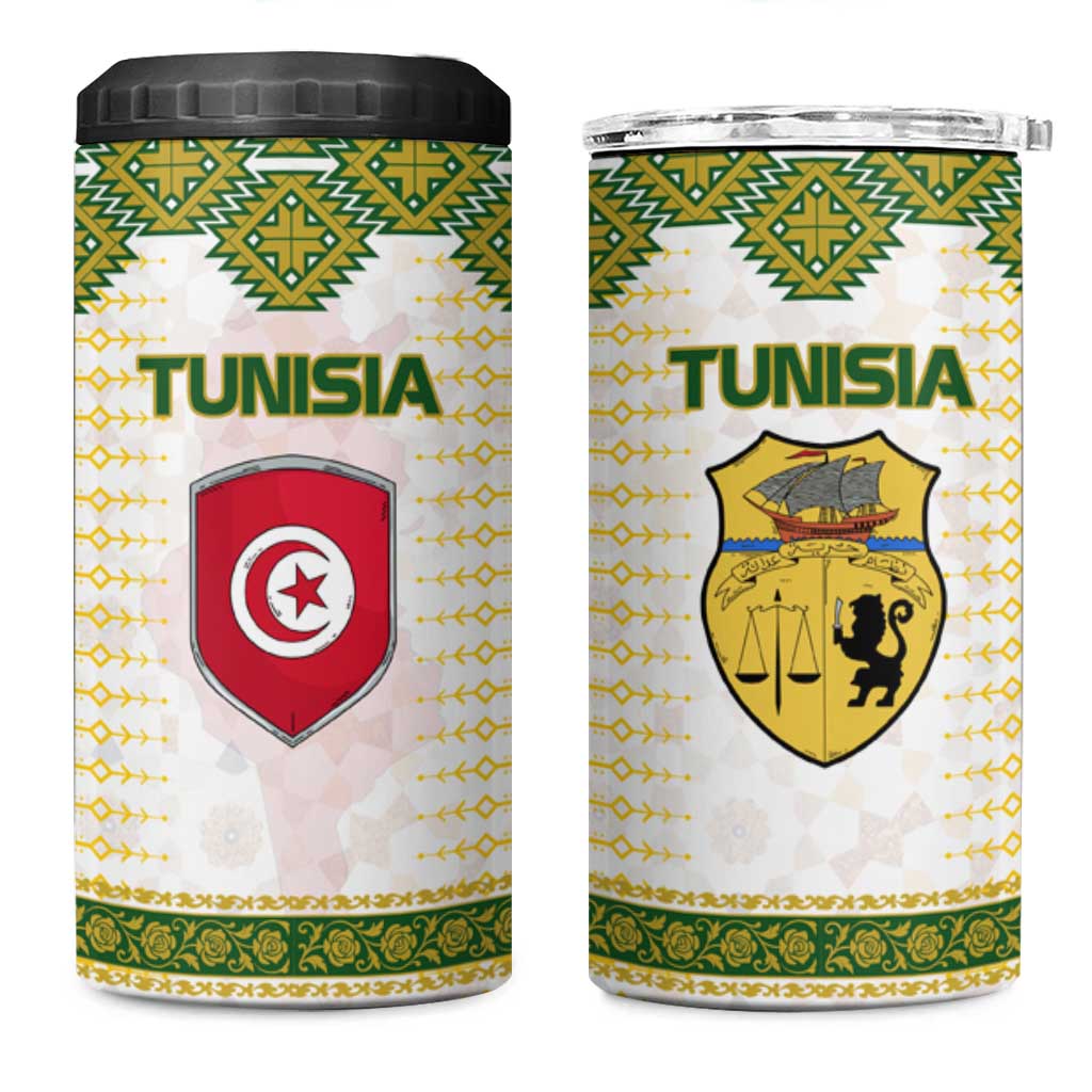 Tunisia Flag Traditional Tribal Pattern Green and White Pullover 4 in 1 Can Cooler Tumbler with National Crest and Emblem