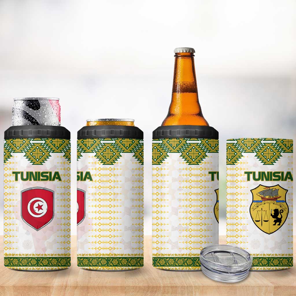 Tunisia Flag Traditional Tribal Pattern Green and White Pullover 4 in 1 Can Cooler Tumbler with National Crest and Emblem