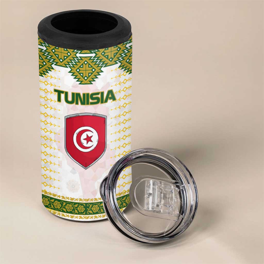 Tunisia Flag Traditional Tribal Pattern Green and White Pullover 4 in 1 Can Cooler Tumbler with National Crest and Emblem