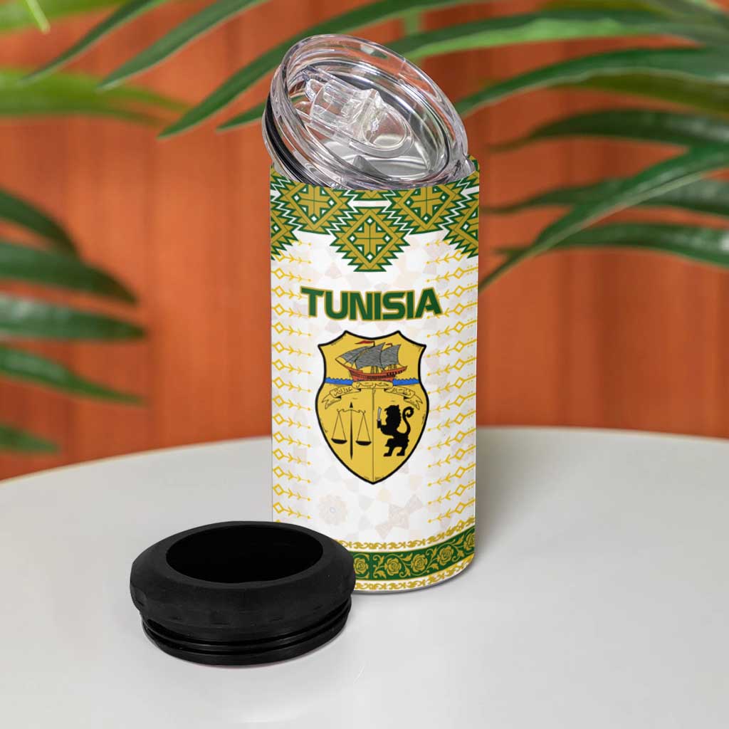 Tunisia Flag Traditional Tribal Pattern Green and White Pullover 4 in 1 Can Cooler Tumbler with National Crest and Emblem