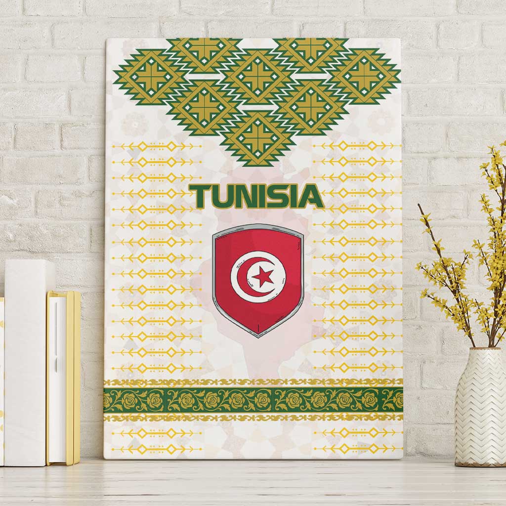 Tunisia Flag Traditional Tribal Pattern Green and White Pullover Canvas Wall Art with National Crest and Emblem