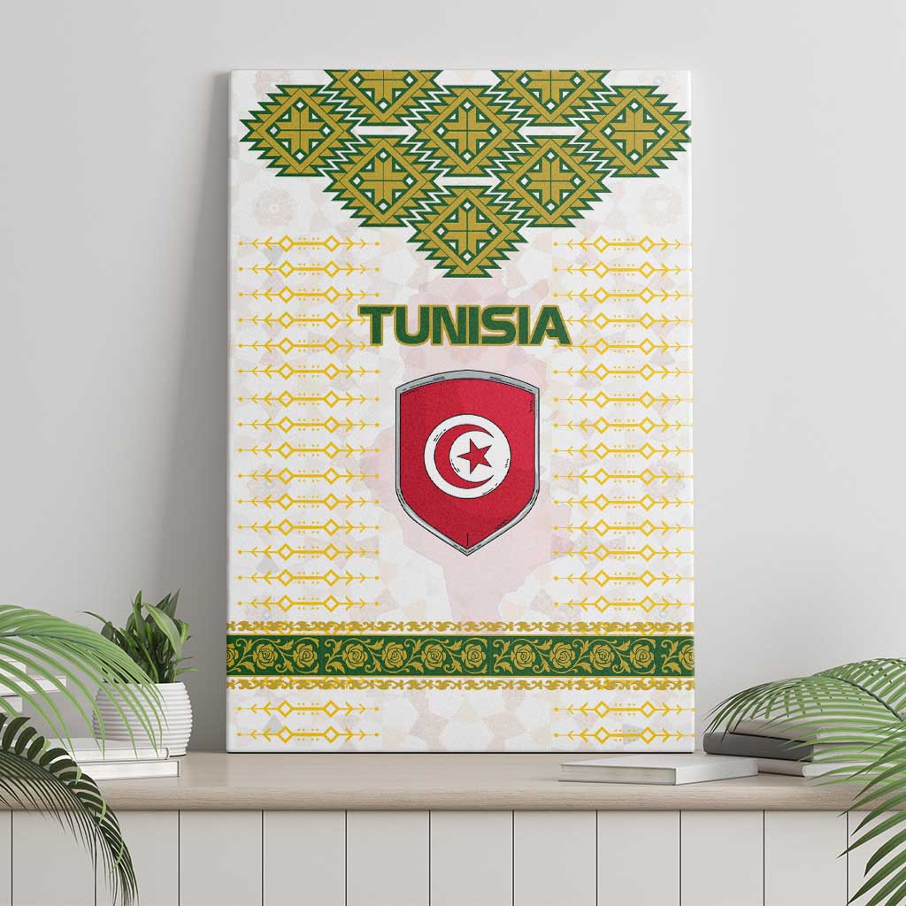 Tunisia Flag Traditional Tribal Pattern Green and White Pullover Canvas Wall Art with National Crest and Emblem