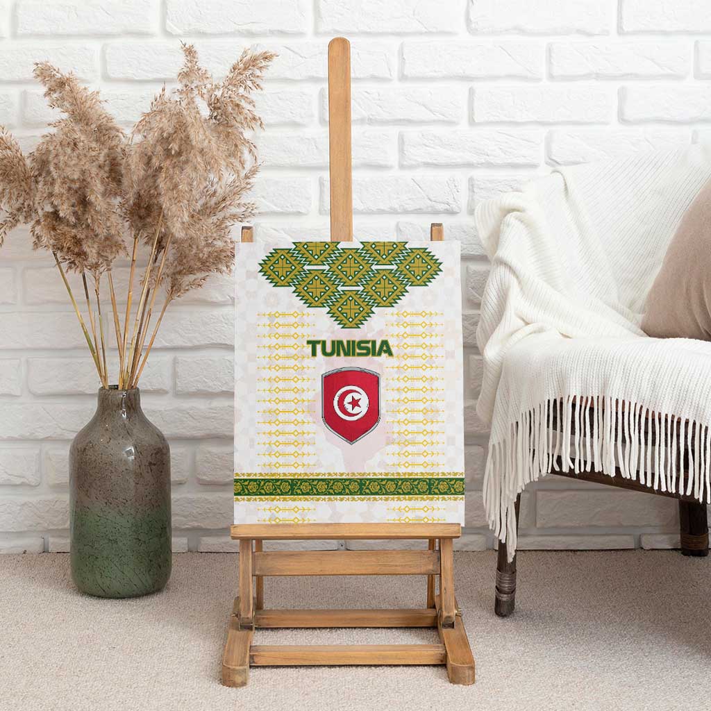 Tunisia Flag Traditional Tribal Pattern Green and White Pullover Canvas Wall Art with National Crest and Emblem