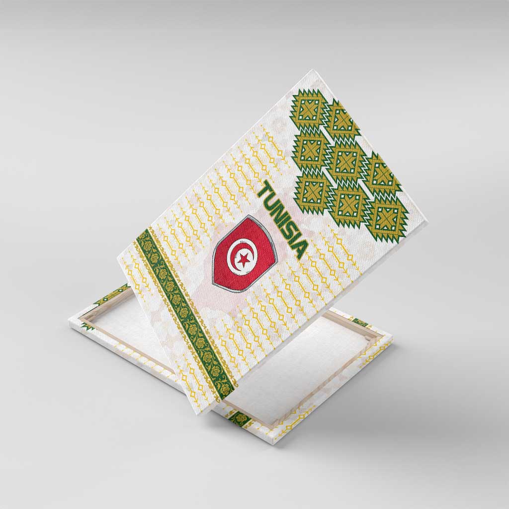 Tunisia Flag Traditional Tribal Pattern Green and White Pullover Canvas Wall Art with National Crest and Emblem