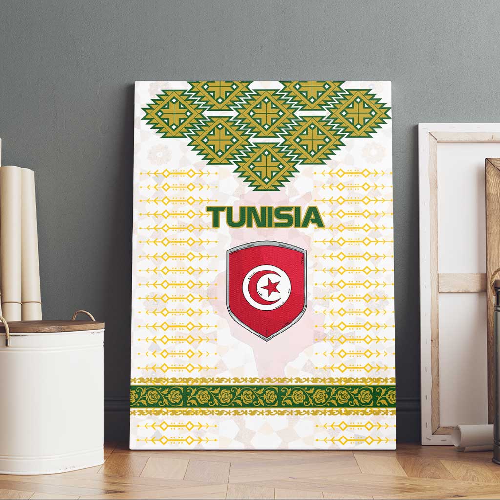 Tunisia Flag Traditional Tribal Pattern Green and White Pullover Canvas Wall Art with National Crest and Emblem
