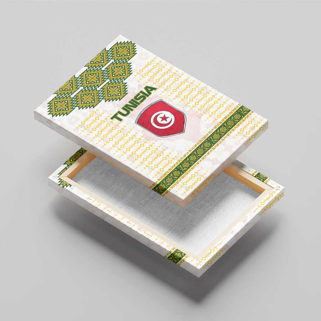 Tunisia Flag Traditional Tribal Pattern Green and White Pullover Canvas Wall Art with National Crest and Emblem