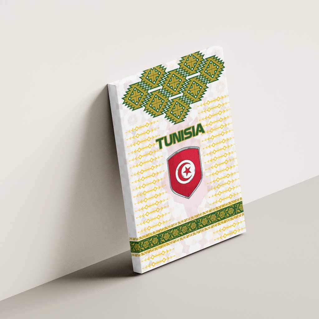 Tunisia Flag Traditional Tribal Pattern Green and White Pullover Canvas Wall Art with National Crest and Emblem