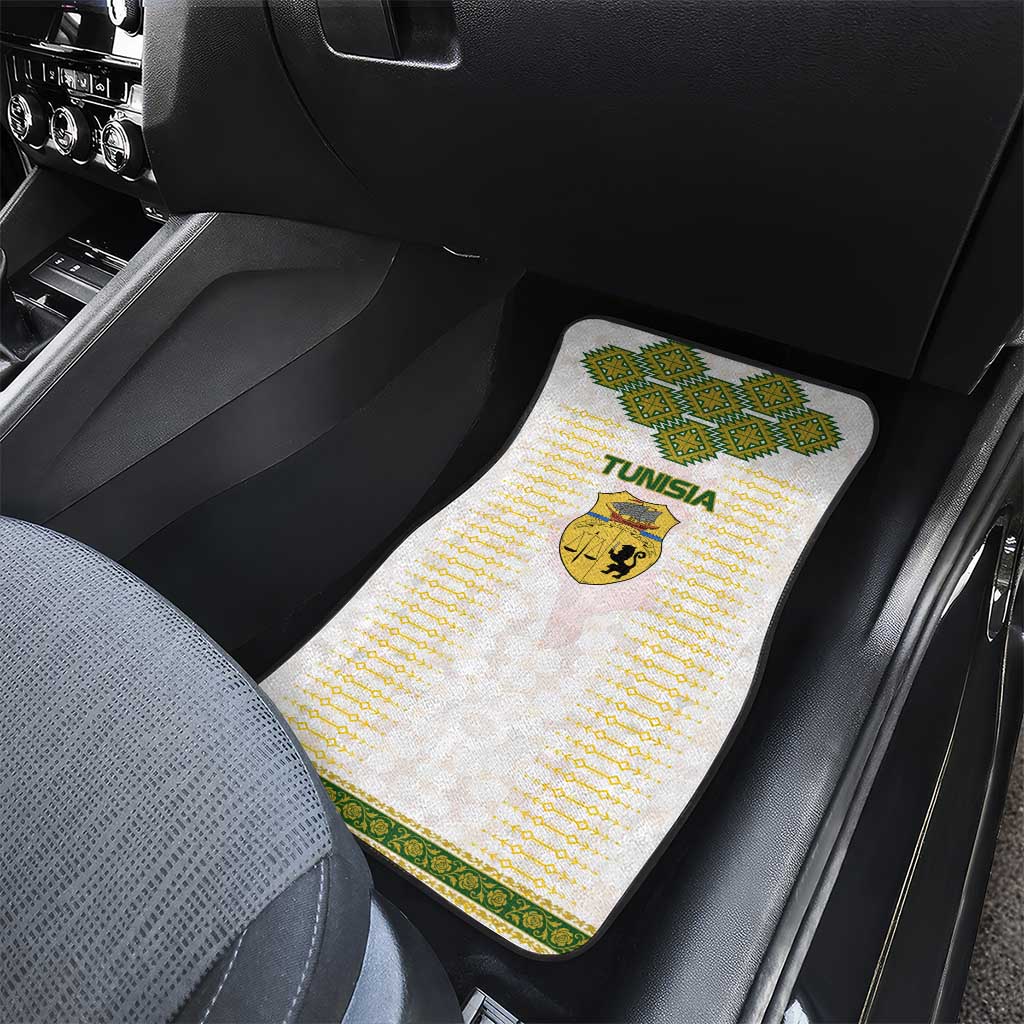 Tunisia Flag Traditional Tribal Pattern Green and White Pullover Car Mats with National Crest and Emblem