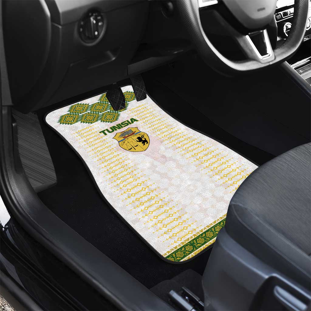 Tunisia Flag Traditional Tribal Pattern Green and White Pullover Car Mats with National Crest and Emblem