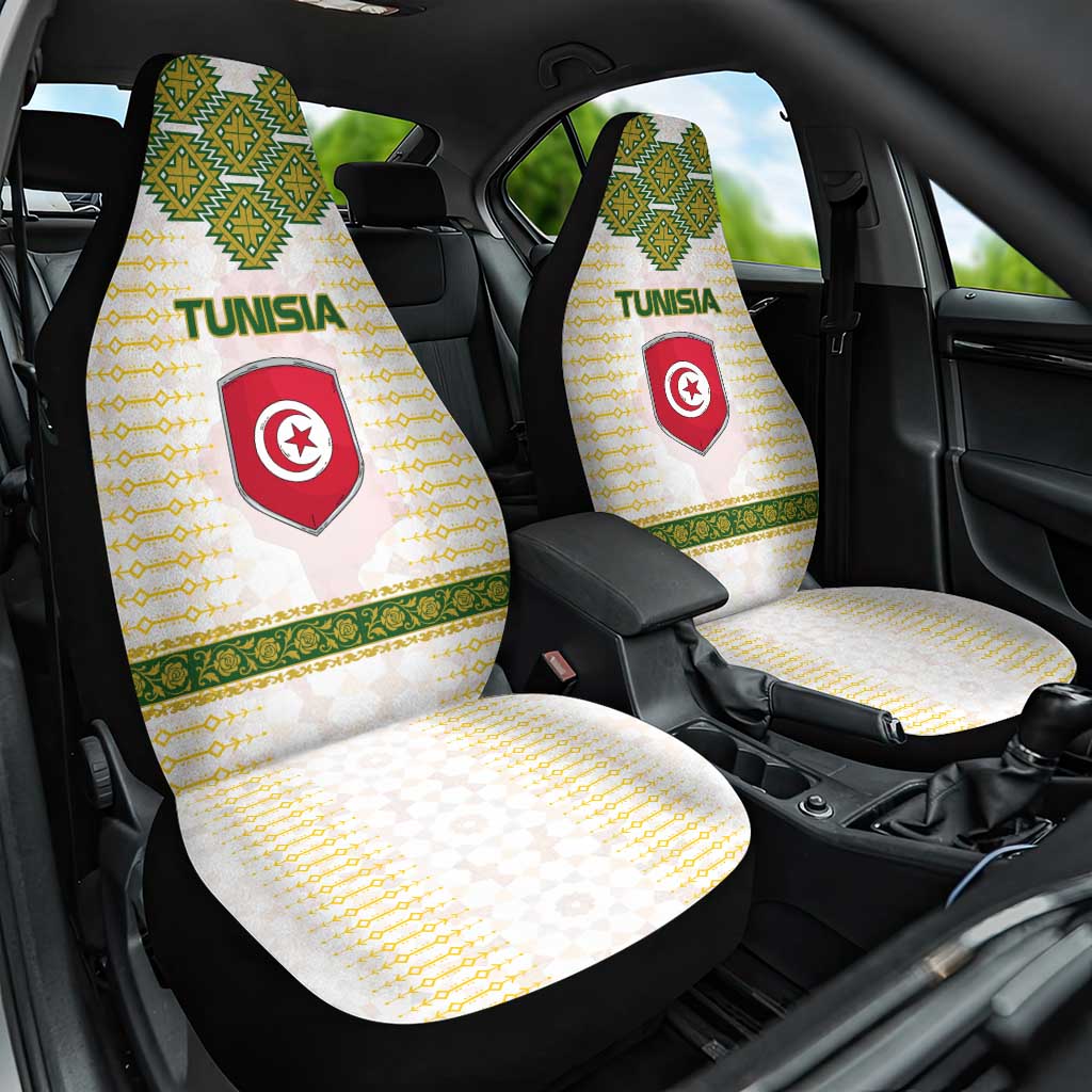 Tunisia Flag Traditional Tribal Pattern Green and White Pullover Car Seat Cover with National Crest and Emblem