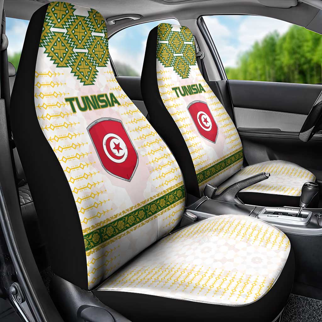 Tunisia Flag Traditional Tribal Pattern Green and White Pullover Car Seat Cover with National Crest and Emblem