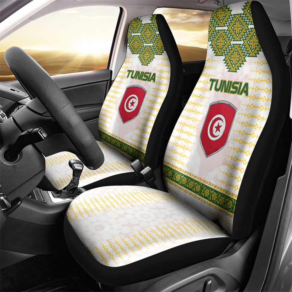 Tunisia Flag Traditional Tribal Pattern Green and White Pullover Car Seat Cover with National Crest and Emblem