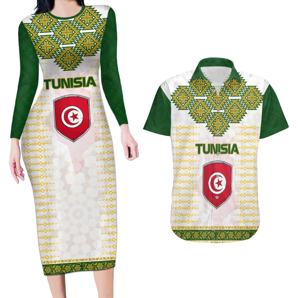 Tunisia Flag Traditional Tribal Pattern Green and White Pullover Couples Matching Long Sleeve Bodycon Dress and Hawaiian Shirt with National Crest and Emblem