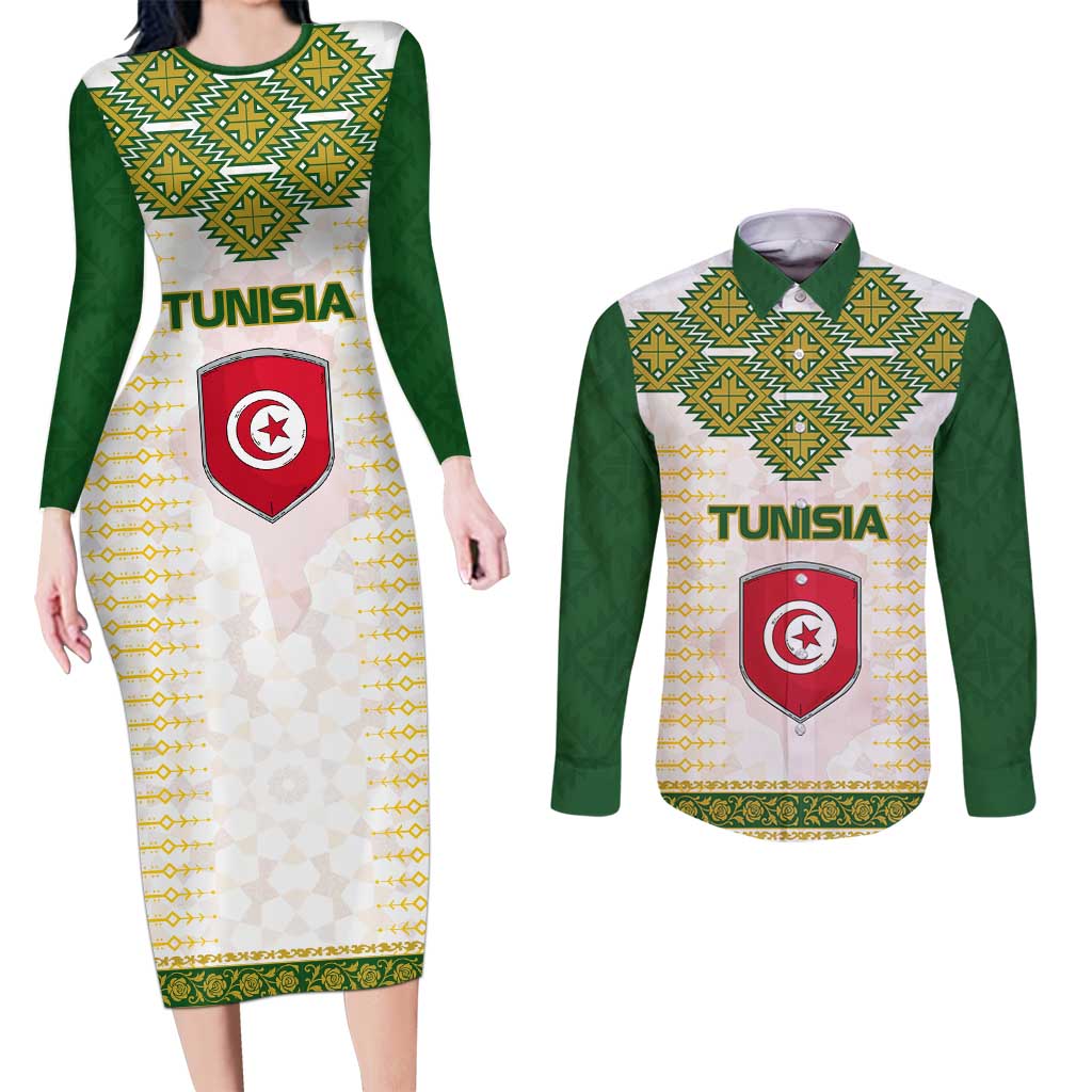 Tunisia Flag Traditional Tribal Pattern Green and White Pullover Couples Matching Long Sleeve Bodycon Dress and Long Sleeve Button Shirt with National Crest and Emblem