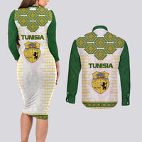 Tunisia Flag Traditional Tribal Pattern Green and White Pullover Couples Matching Long Sleeve Bodycon Dress and Long Sleeve Button Shirt with National Crest and Emblem