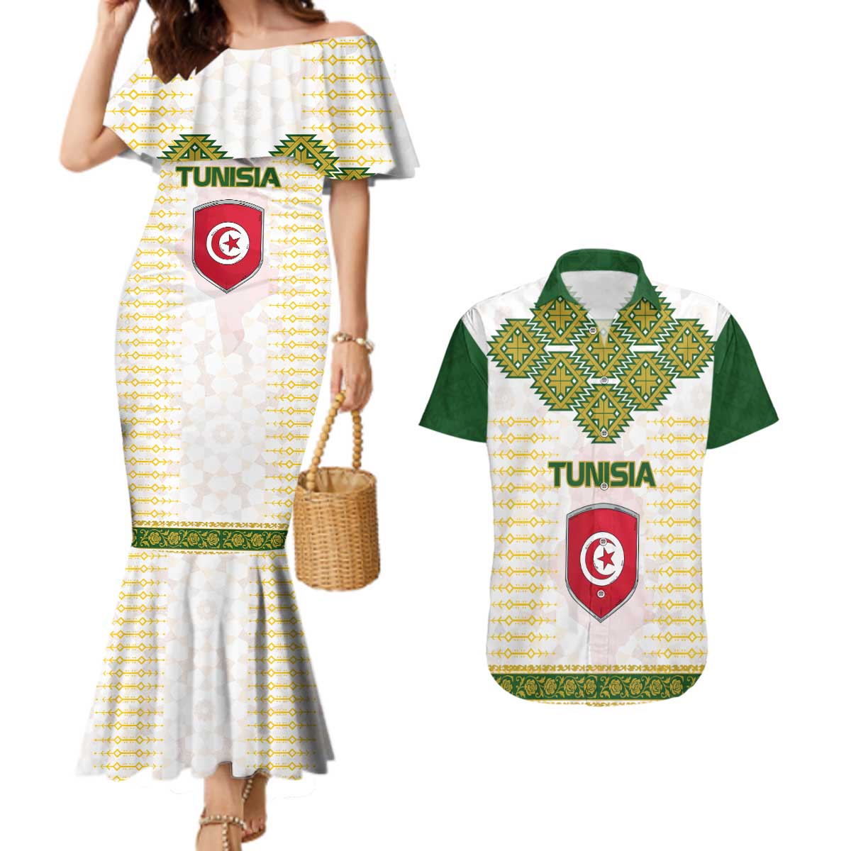 Tunisia Flag Traditional Tribal Pattern Green and White Pullover Couples Matching Mermaid Dress and Hawaiian Shirt with National Crest and Emblem