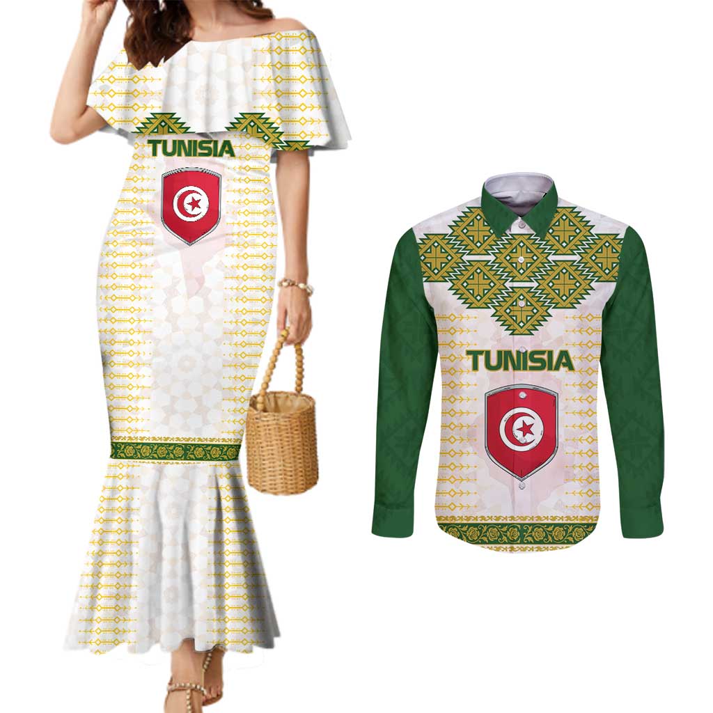Tunisia Flag Traditional Tribal Pattern Green and White Pullover Couples Matching Mermaid Dress and Long Sleeve Button Shirt with National Crest and Emblem