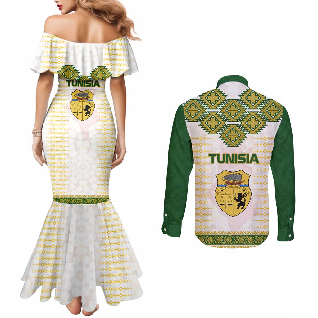 Tunisia Flag Traditional Tribal Pattern Green and White Pullover Couples Matching Mermaid Dress and Long Sleeve Button Shirt with National Crest and Emblem