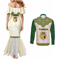 Tunisia Flag Traditional Tribal Pattern Green and White Pullover Couples Matching Mermaid Dress and Long Sleeve Button Shirt with National Crest and Emblem