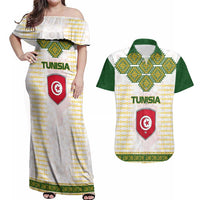Tunisia Flag Traditional Tribal Pattern Green and White Pullover Couples Matching Off Shoulder Maxi Dress and Hawaiian Shirt with National Crest and Emblem