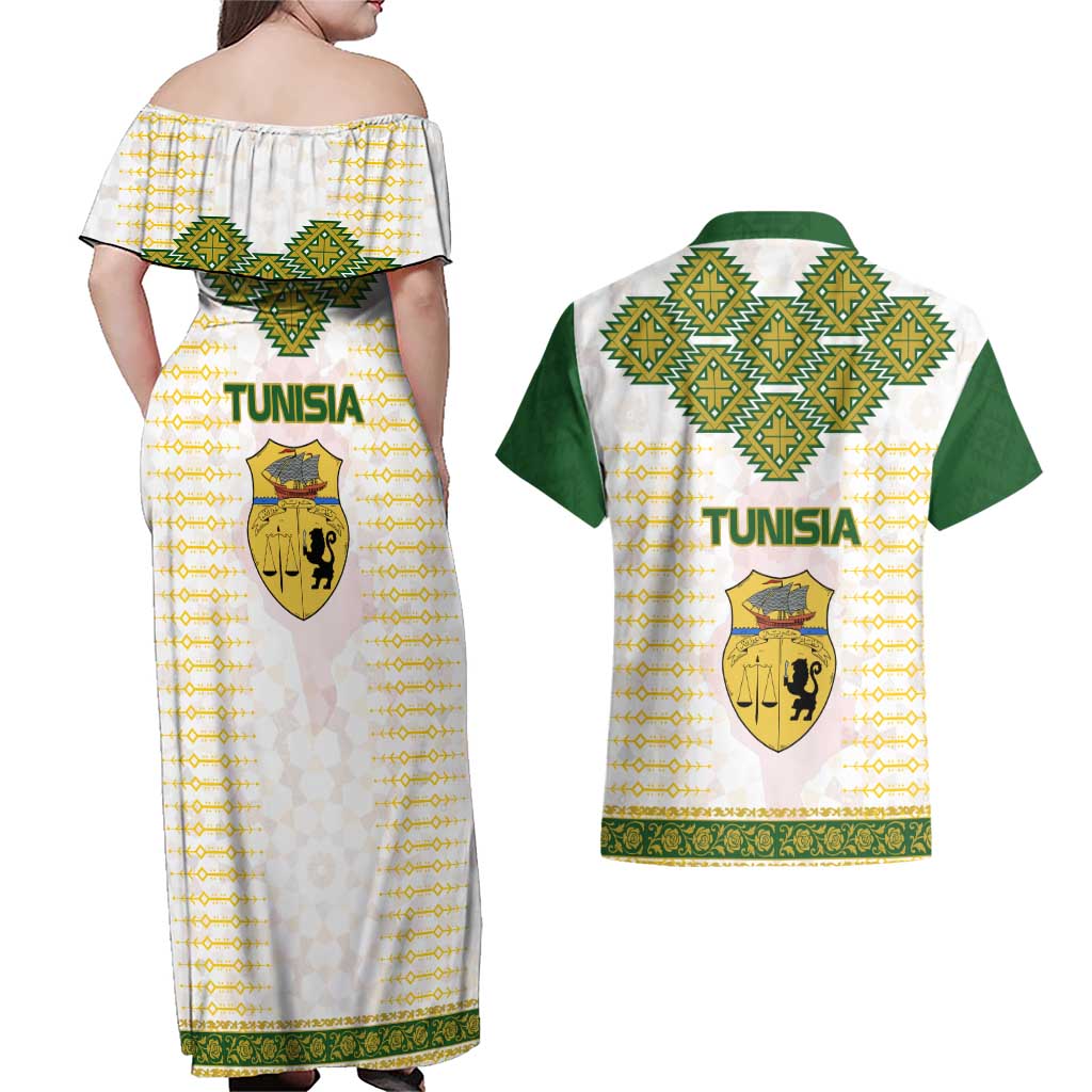 Tunisia Flag Traditional Tribal Pattern Green and White Pullover Couples Matching Off Shoulder Maxi Dress and Hawaiian Shirt with National Crest and Emblem